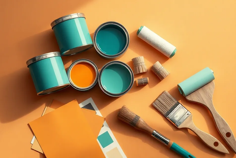 Pots de peinture, nuancier, brosses et rouleaux disposés à plat