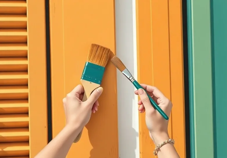Mise en peinture au pinceau de volets et d'encadrements en bois