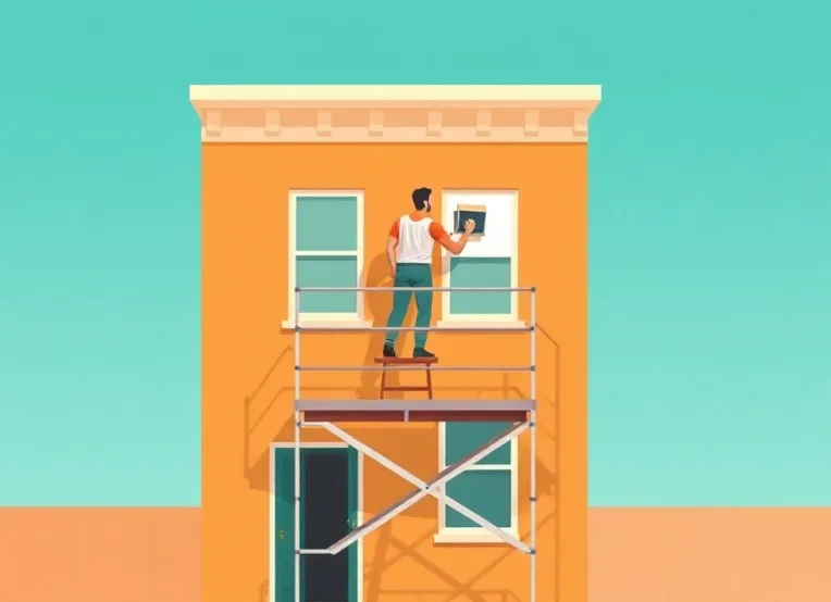 Peintre sur échafaudage traitant la façade d'une maison