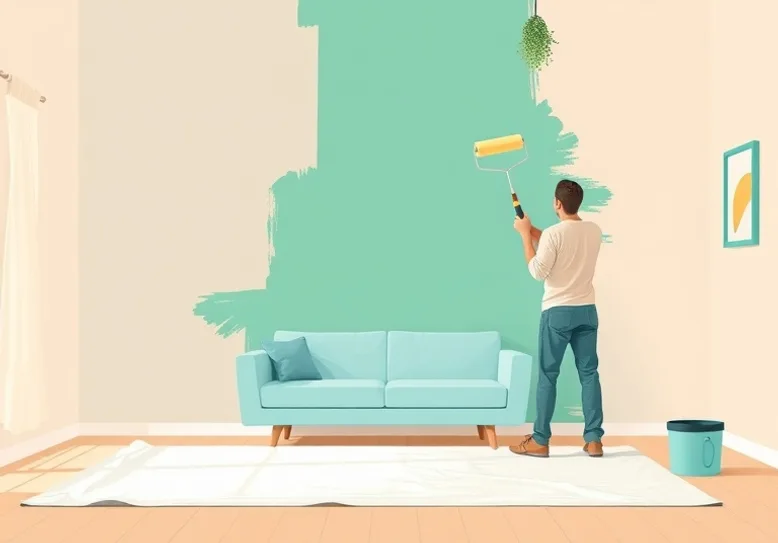 Peintre appliquant la peinture au rouleau sur un mur de salon